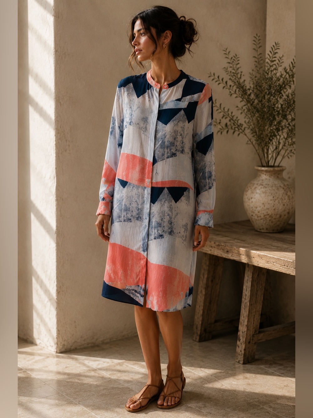 100% Silk Abstract Print Shirt Dress